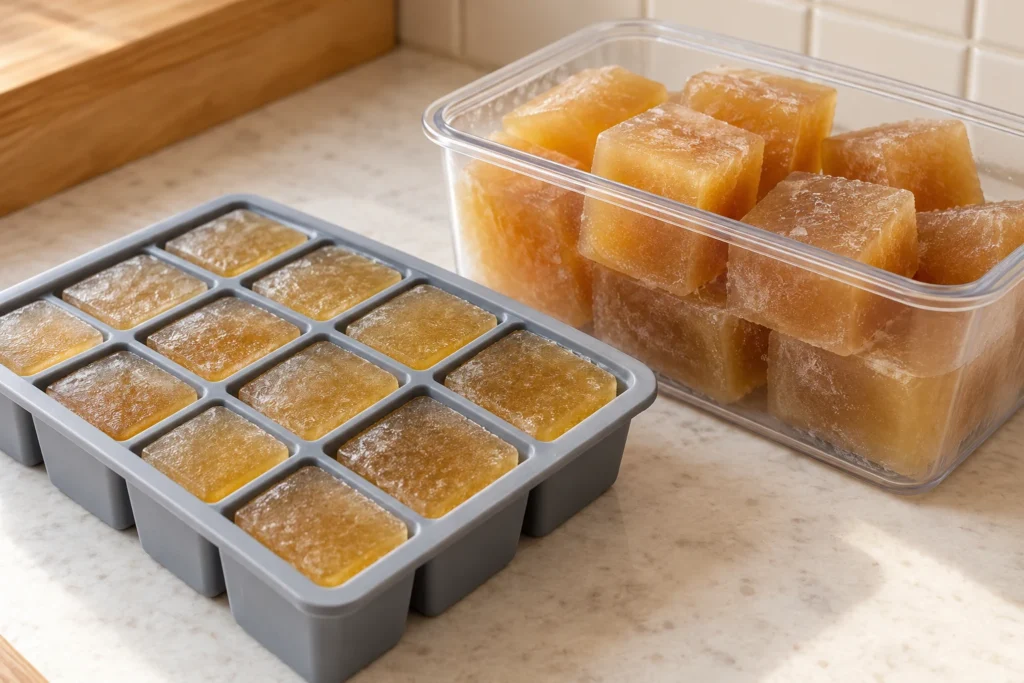 Frozen golden beef bone-broth cubes in a silicone freezer tray beside an unlabelled storage container.