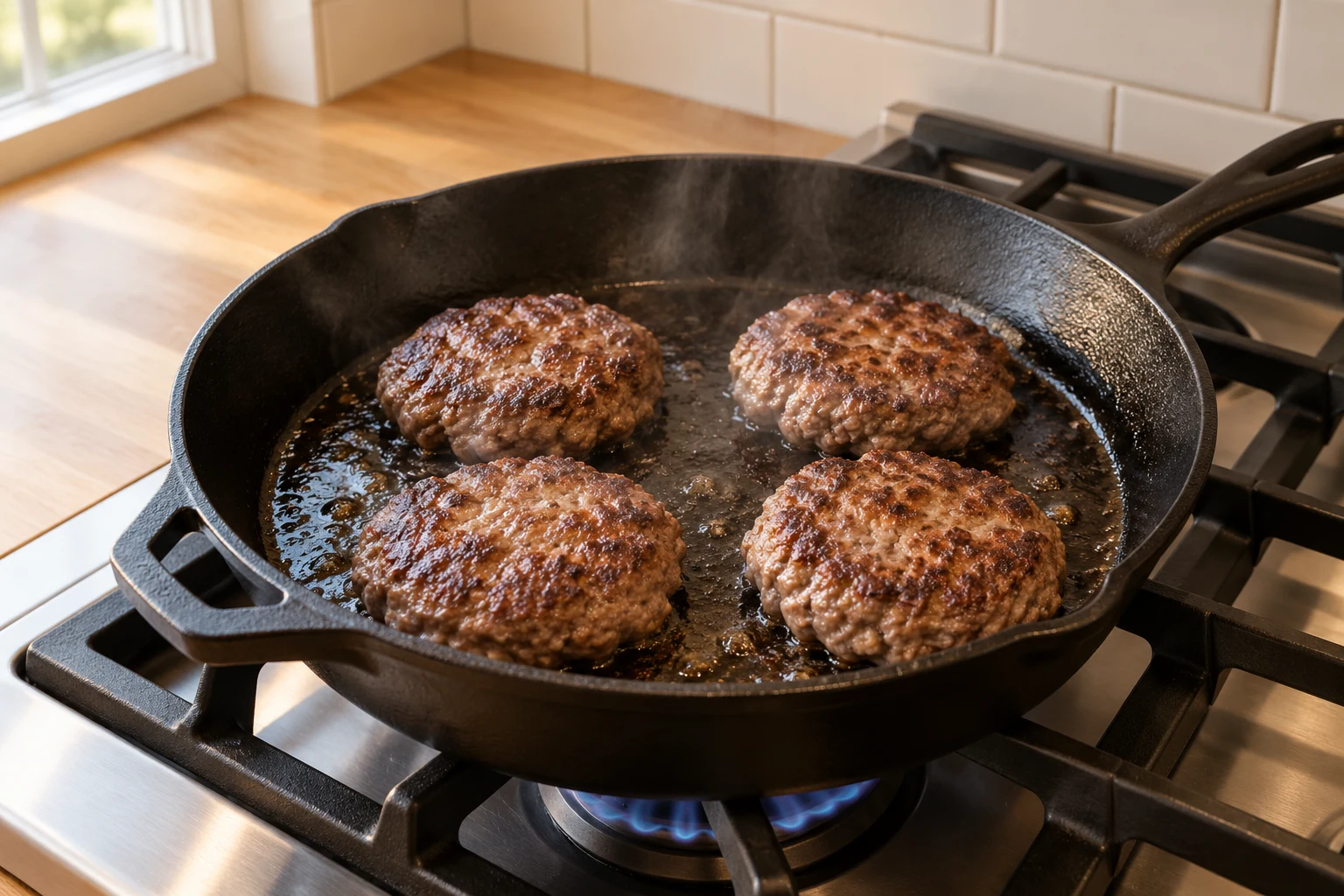 Four plain beef patties cooking in an uncrowded cast-iron skillet over a gas burner.