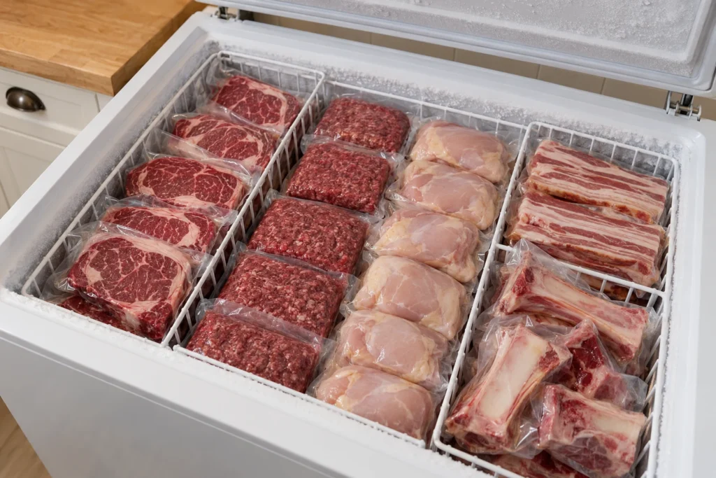 An open home freezer with unlabelled vacuum-sealed beef steaks, ground beef, chicken thighs, bacon, and bones arranged by type.