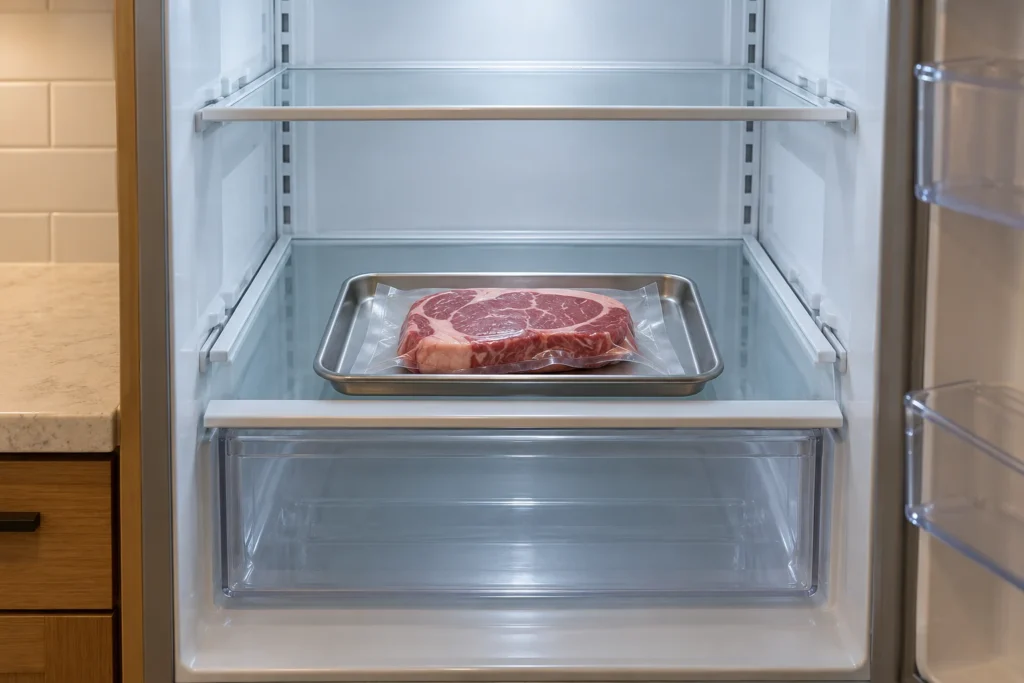 An unlabelled vacuum-sealed beef steak portion thawing on a rimmed tray on a refrigerator shelf.