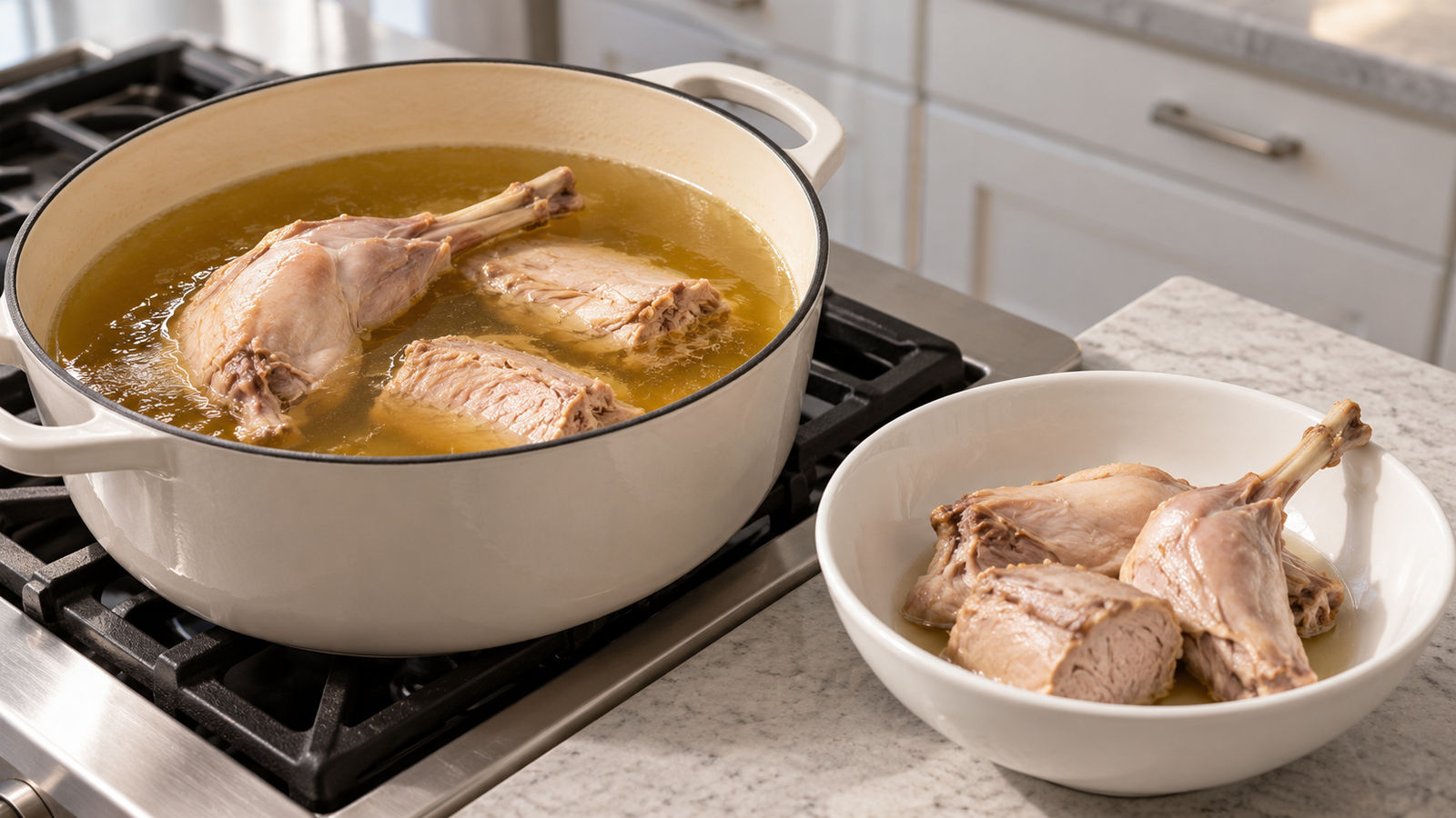 Rabbit braised in bone broth in a contemporary home kitchen with a gray counter.