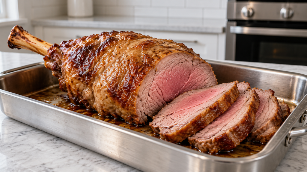 A bone-in roast lamb leg on a white tile counter in a contemporary home kitchen.
