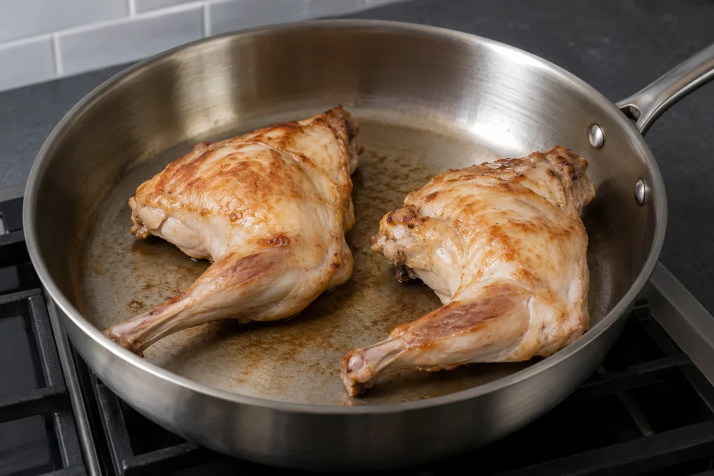 Two lightly browned rabbit portions in a stainless-steel skillet.