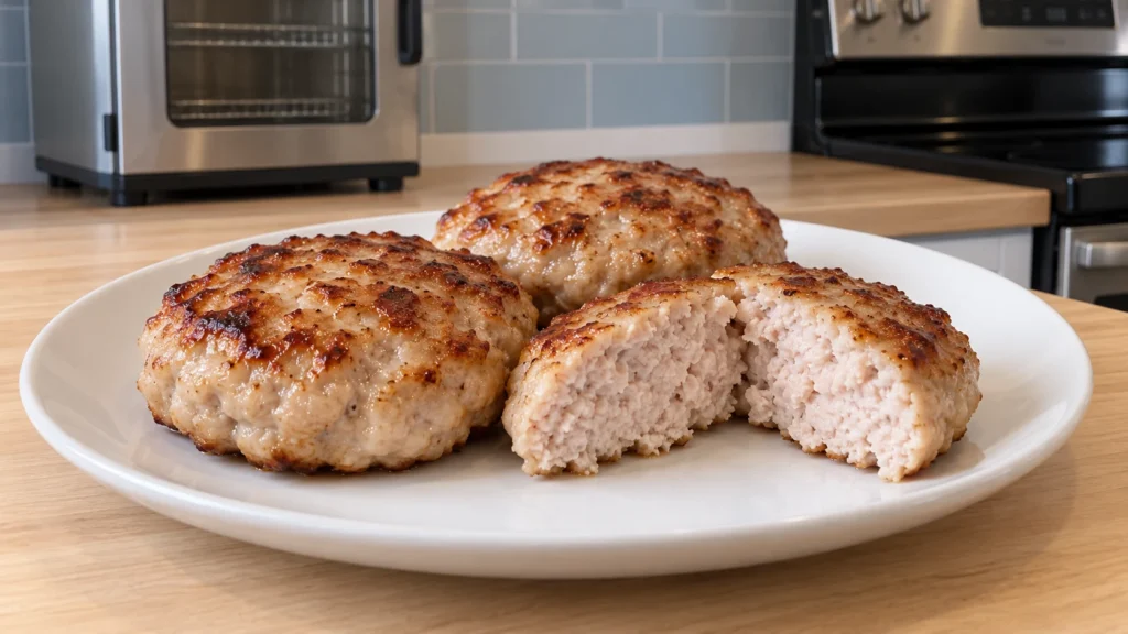 Cooked turkey patties on a white plate with one cut open to show a moist fully cooked center.
