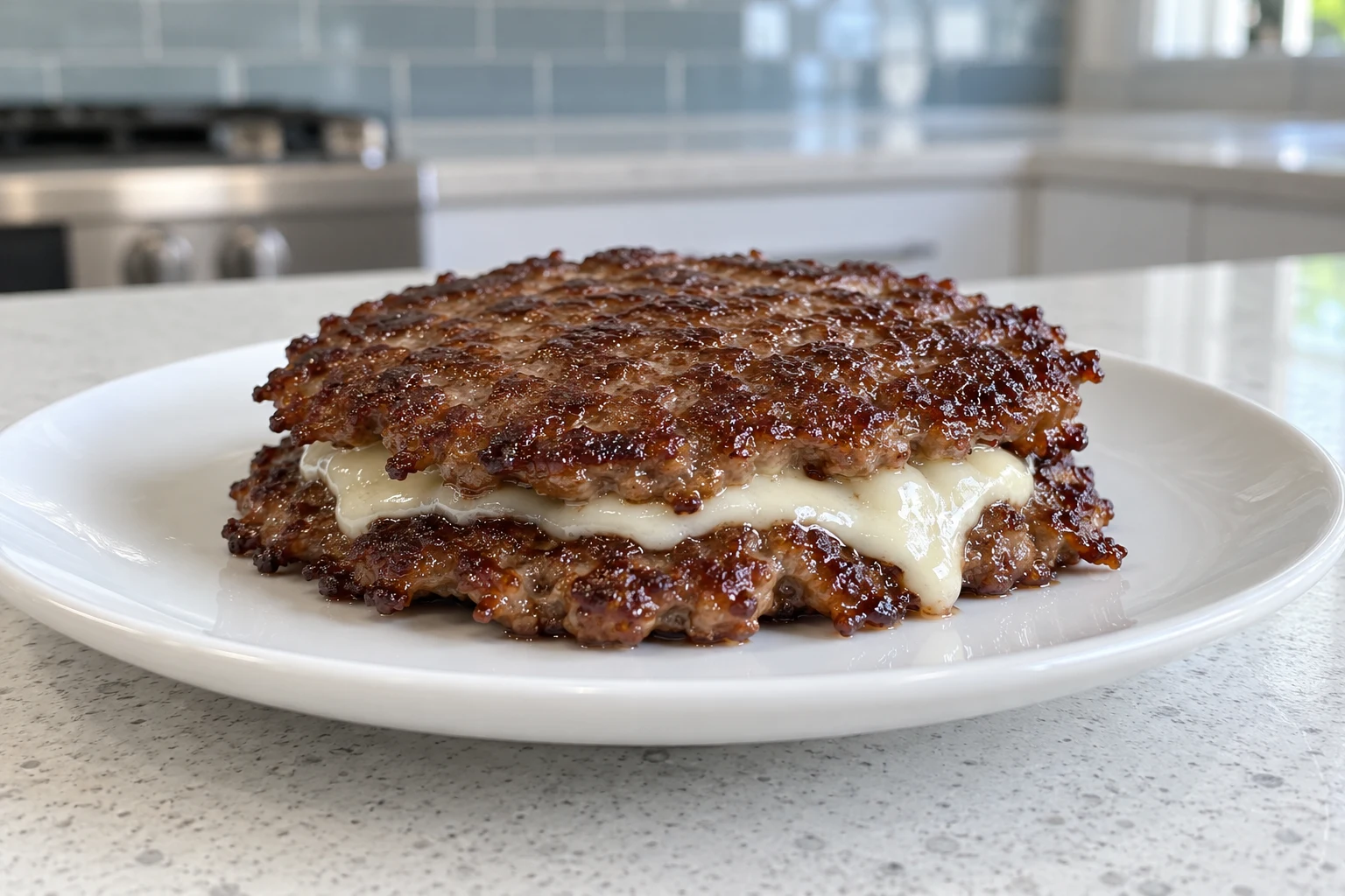 Two thin beef smash patties with crisp lacy edges and melted pale cheese between them on a white plate.