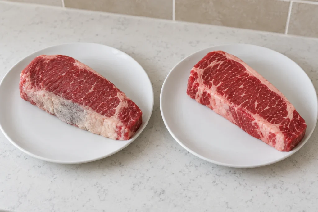 A raw beef steak with a dry pale freezer-burned edge compared with a normal red raw beef steak on separate white plates.