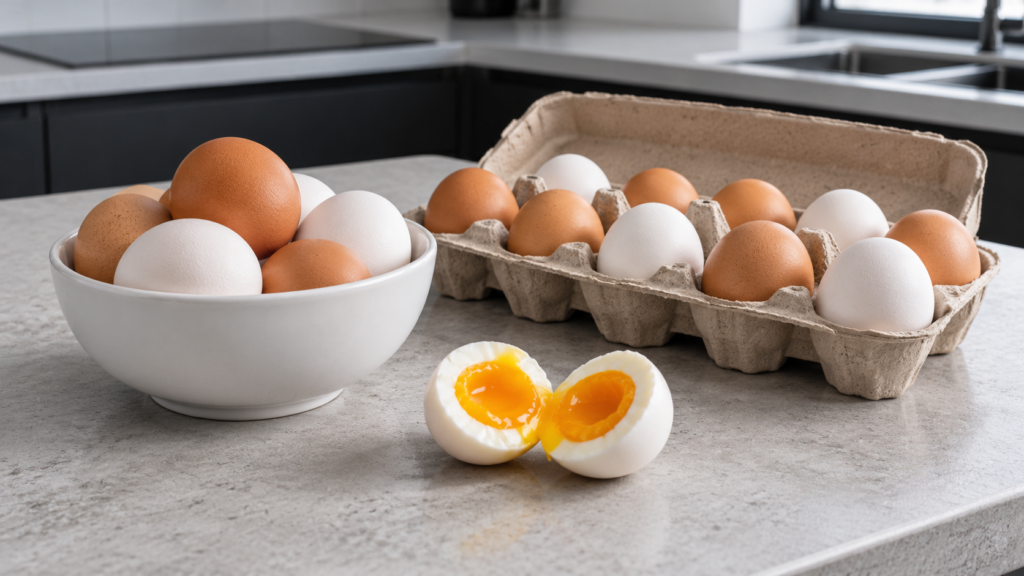 Whole eggs sit in a white bowl and blank carton beside a soft-boiled egg with a jammy yolk.