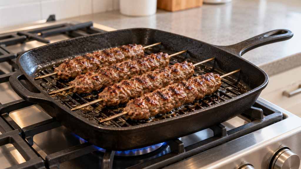 Ground lamb skewers grilling in a contemporary home kitchen with a gray counter.