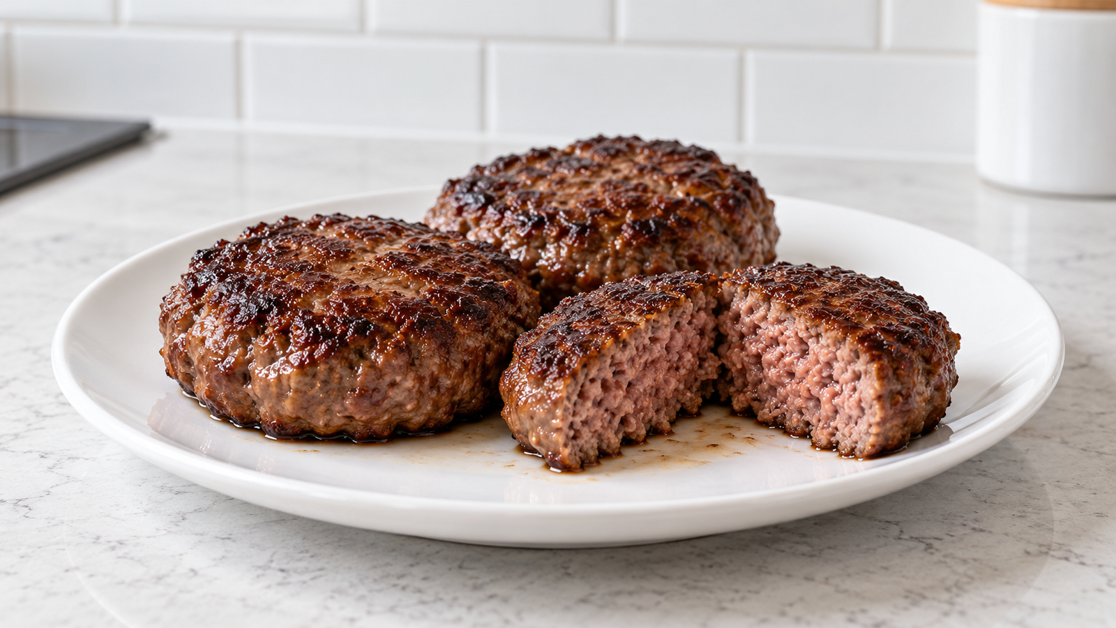 Ground bison patties arranged on a white tile counter in a contemporary home kitchen.