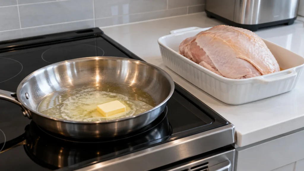 Unsalted butter melting in a stainless skillet beside a plain turkey breast roasting dish on an electric range.
