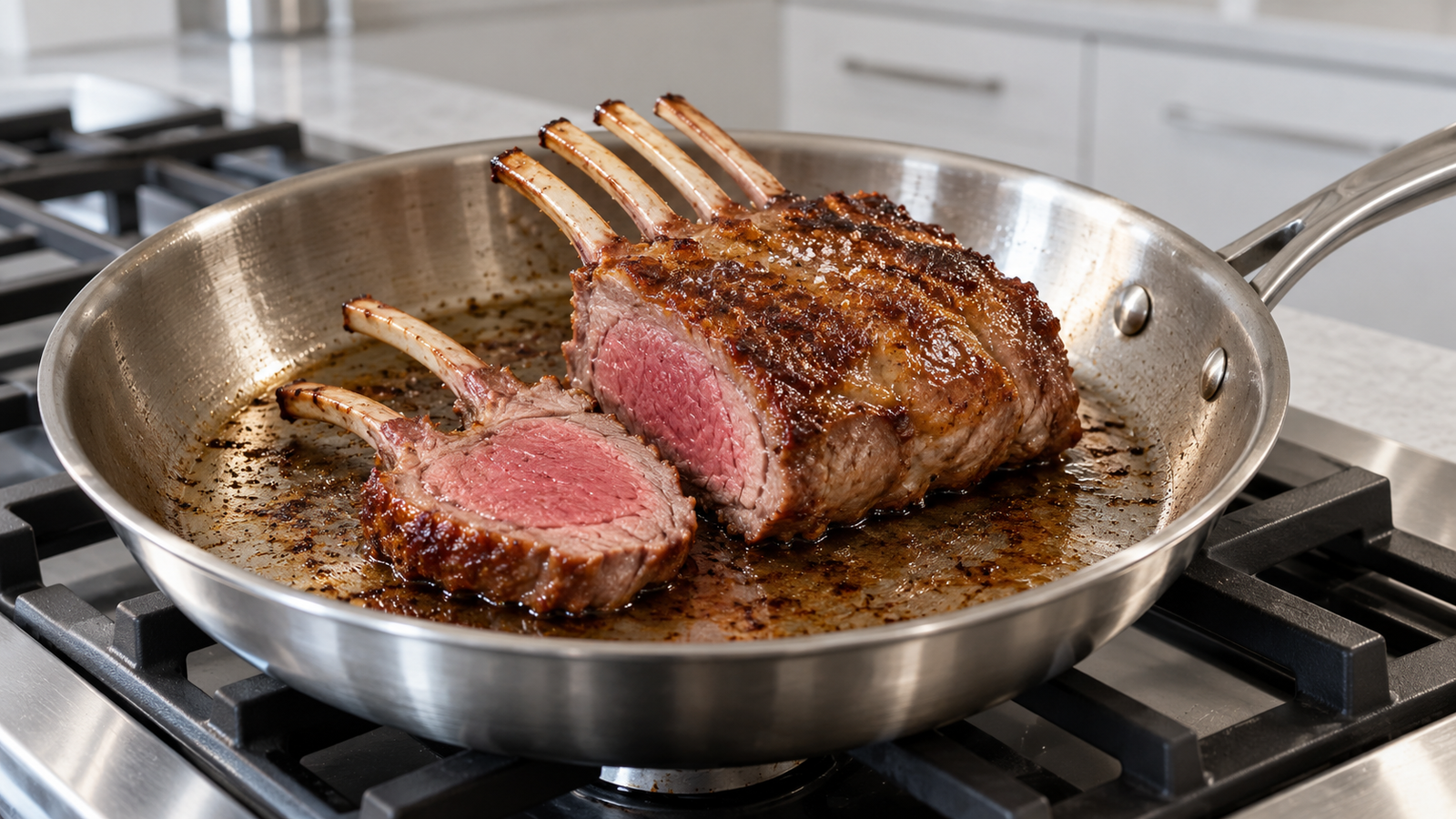 A pan-seared rack of lamb on a gray counter in a contemporary home kitchen.