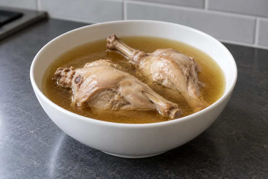 Two tender bone-in rabbit portions in clear amber bone broth in a white bowl.