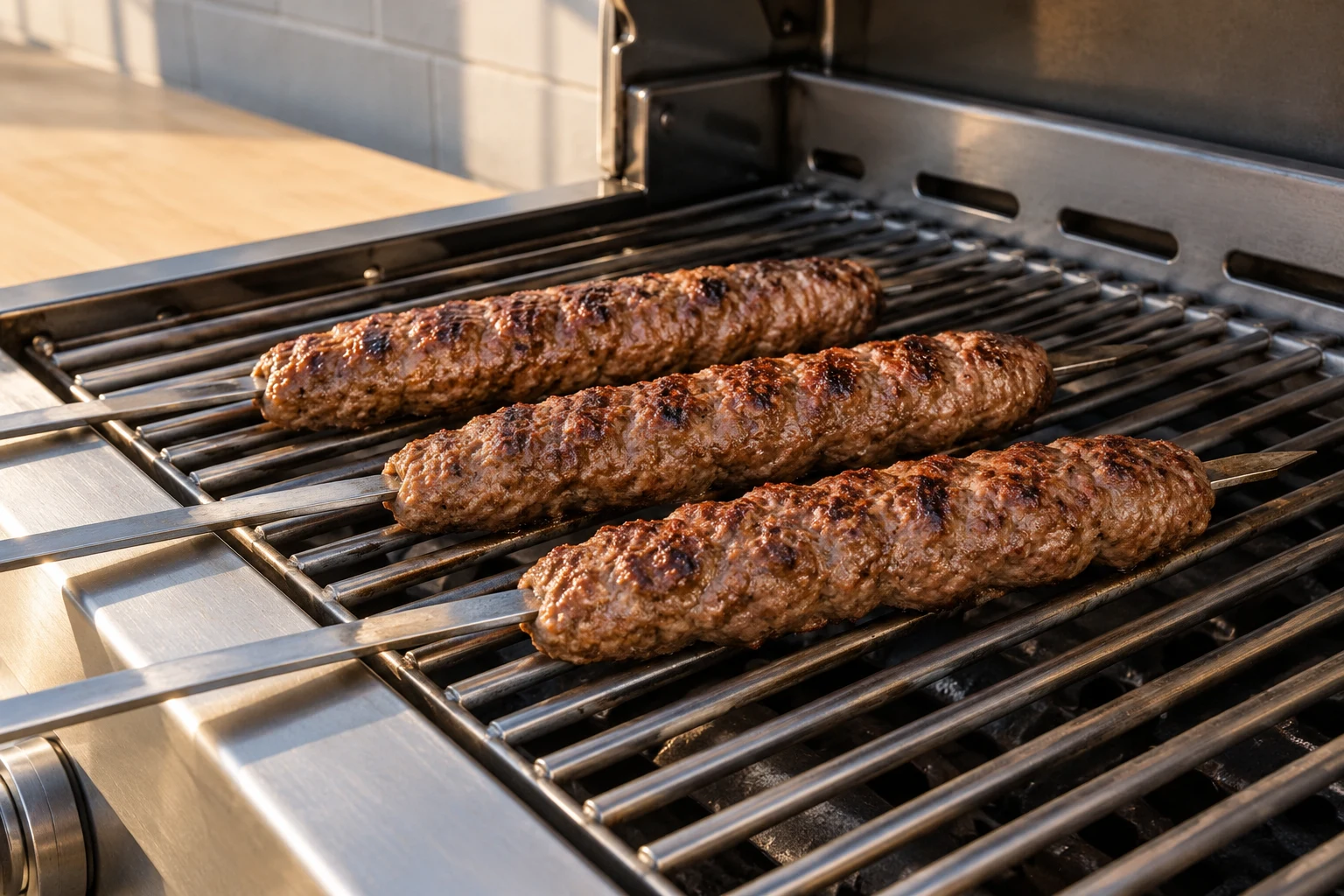 Plain ground-lamb skewers cooking on the grate of an accessible modern gas grill.