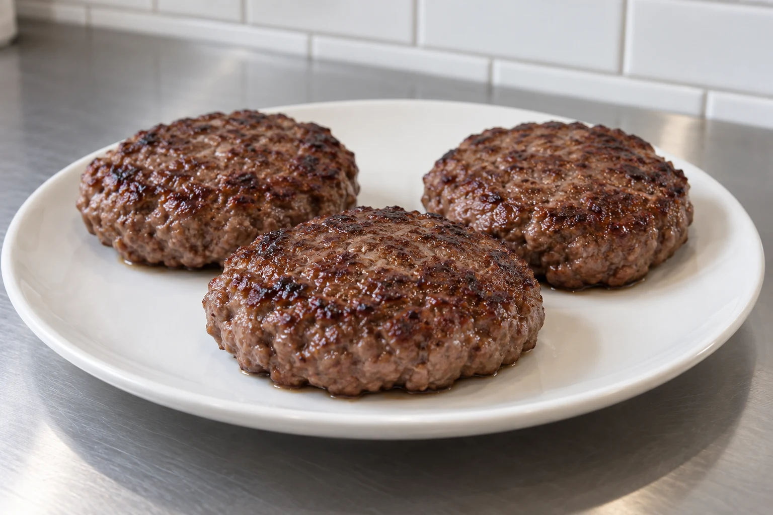 Three plain browned ground-bison patties on a simple white ceramic plate.
