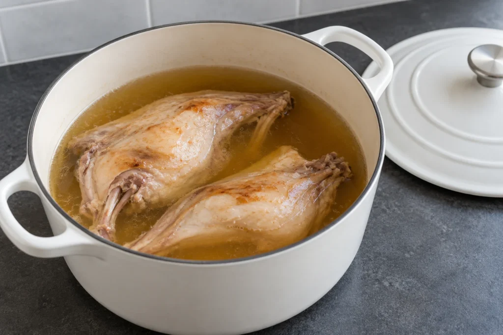 Rabbit portions partly submerged in clear bone broth inside a white Dutch oven.