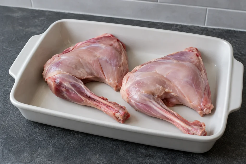 Two plain raw bone-in rabbit portions in a white ceramic baking dish.