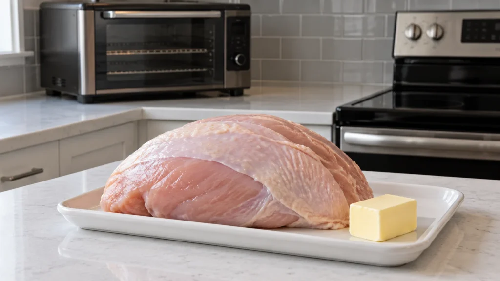 A plain raw turkey breast roast with a pat of butter on a white tray.