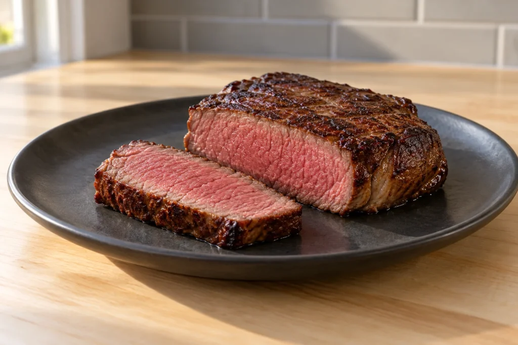 A thick reverse-seared elk steak with a rosy medium-rare interior shown on a dark ceramic plate.