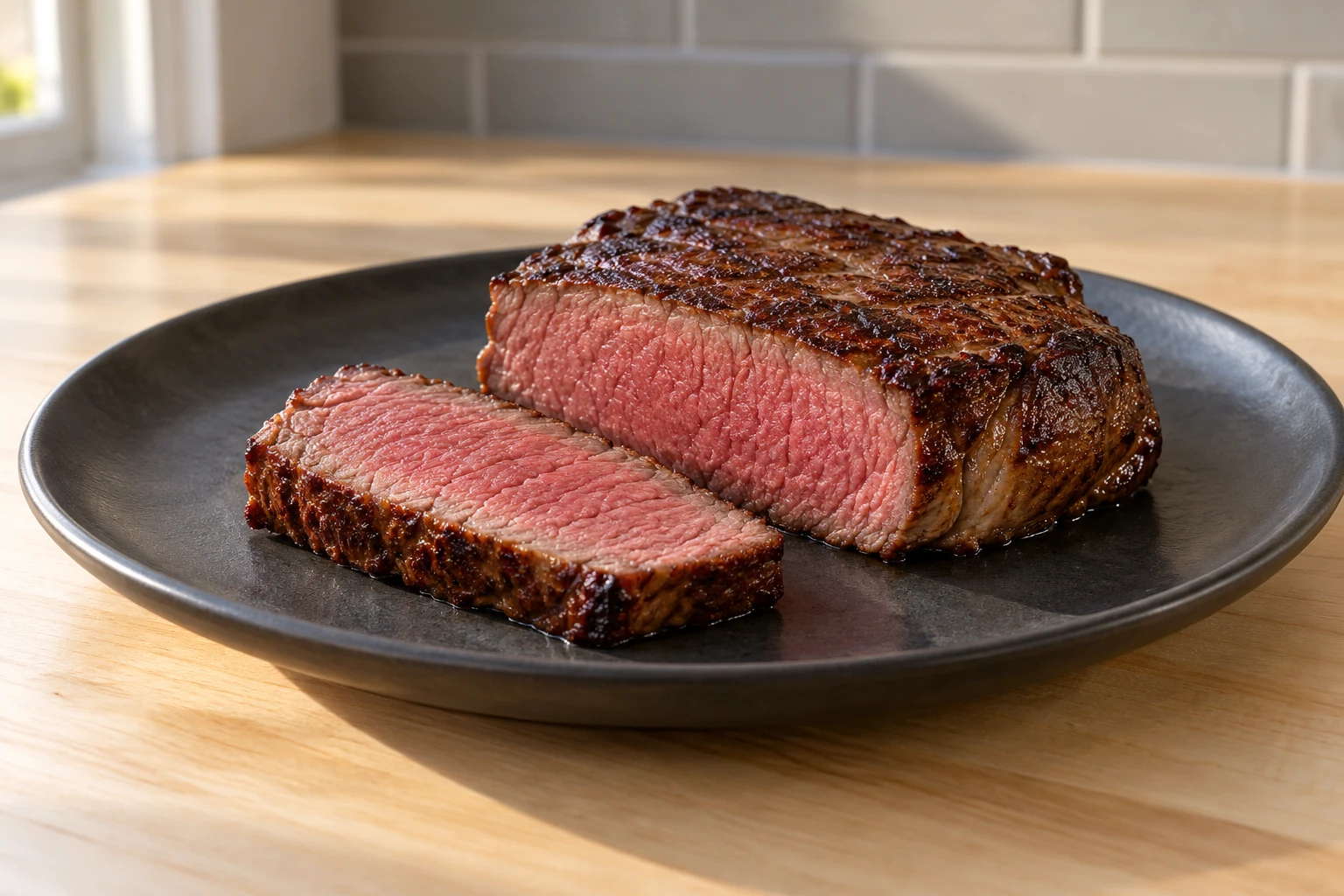 A thick reverse-seared elk steak with a rosy medium-rare interior shown on a dark ceramic plate.