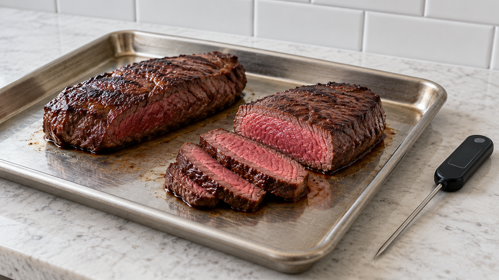 Reverse-seared elk steaks with a browned crust on a white tile counter in a contemporary home kitchen.