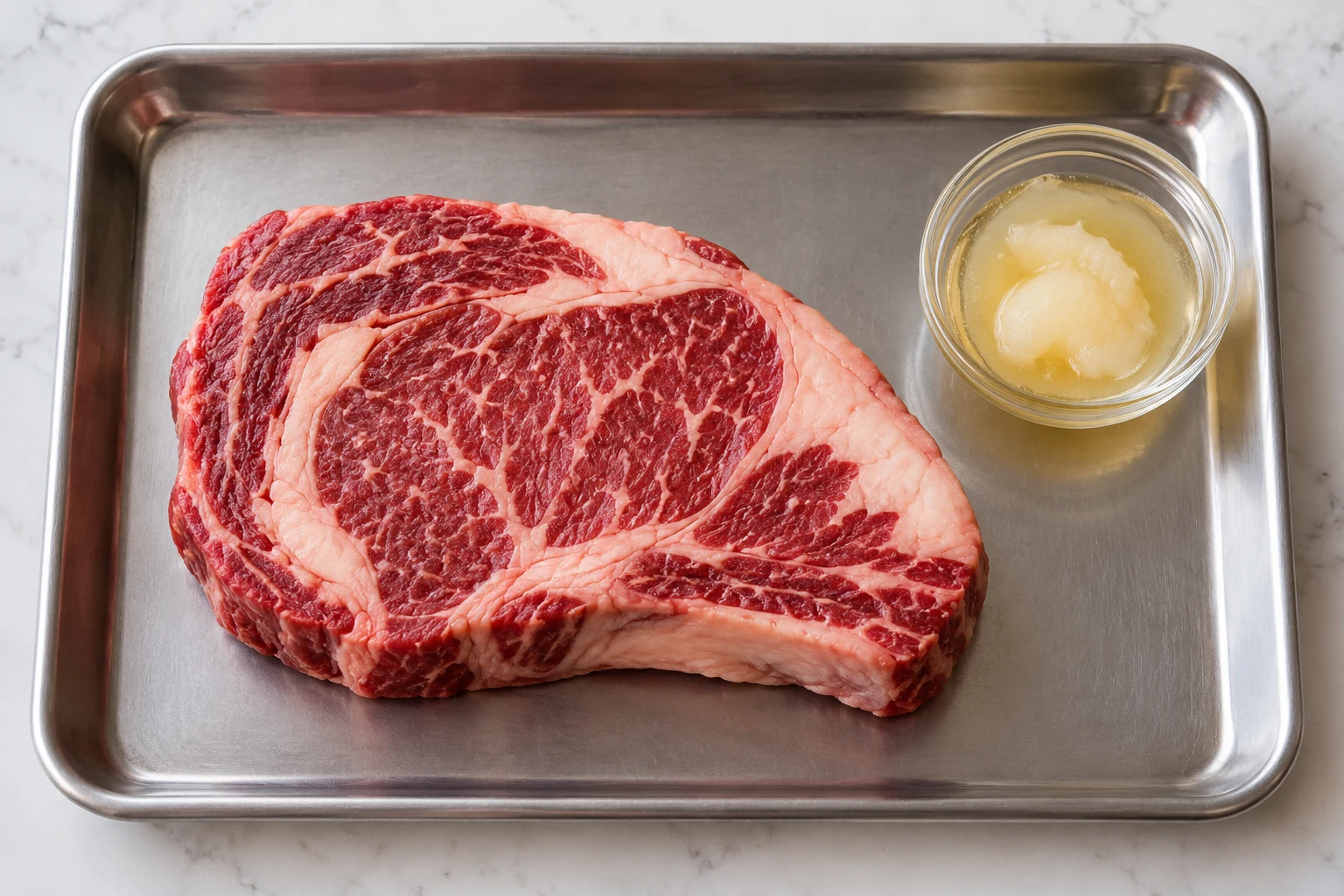 Raw well-marbled ribeye and rendered beef tallow before reverse searing.