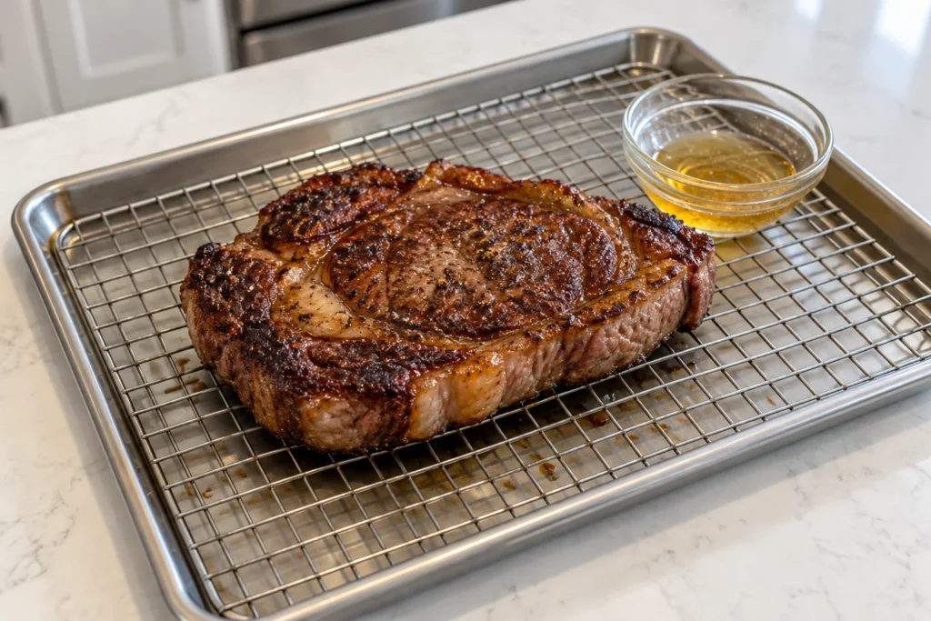 Reverse-seared ribeye resting on a wire rack before slicing.