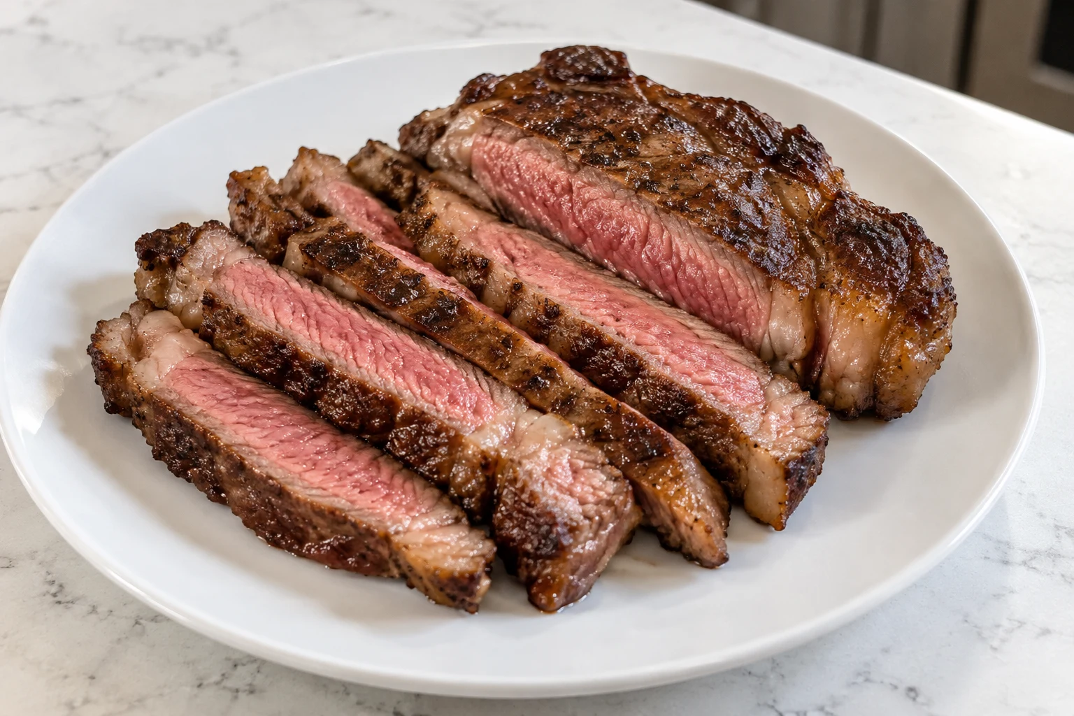 Sliced reverse-seared ribeye with a browned crust and an even rosy medium-rare center.