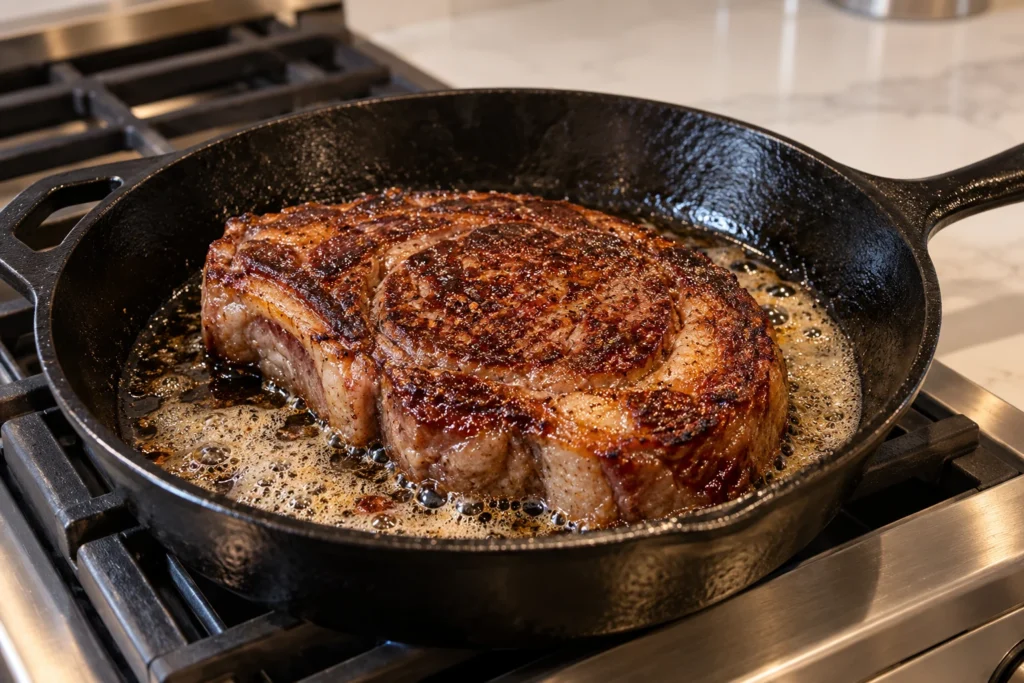 Ribeye developing a brown crust while searing in rendered beef tallow in a cast-iron skillet.
