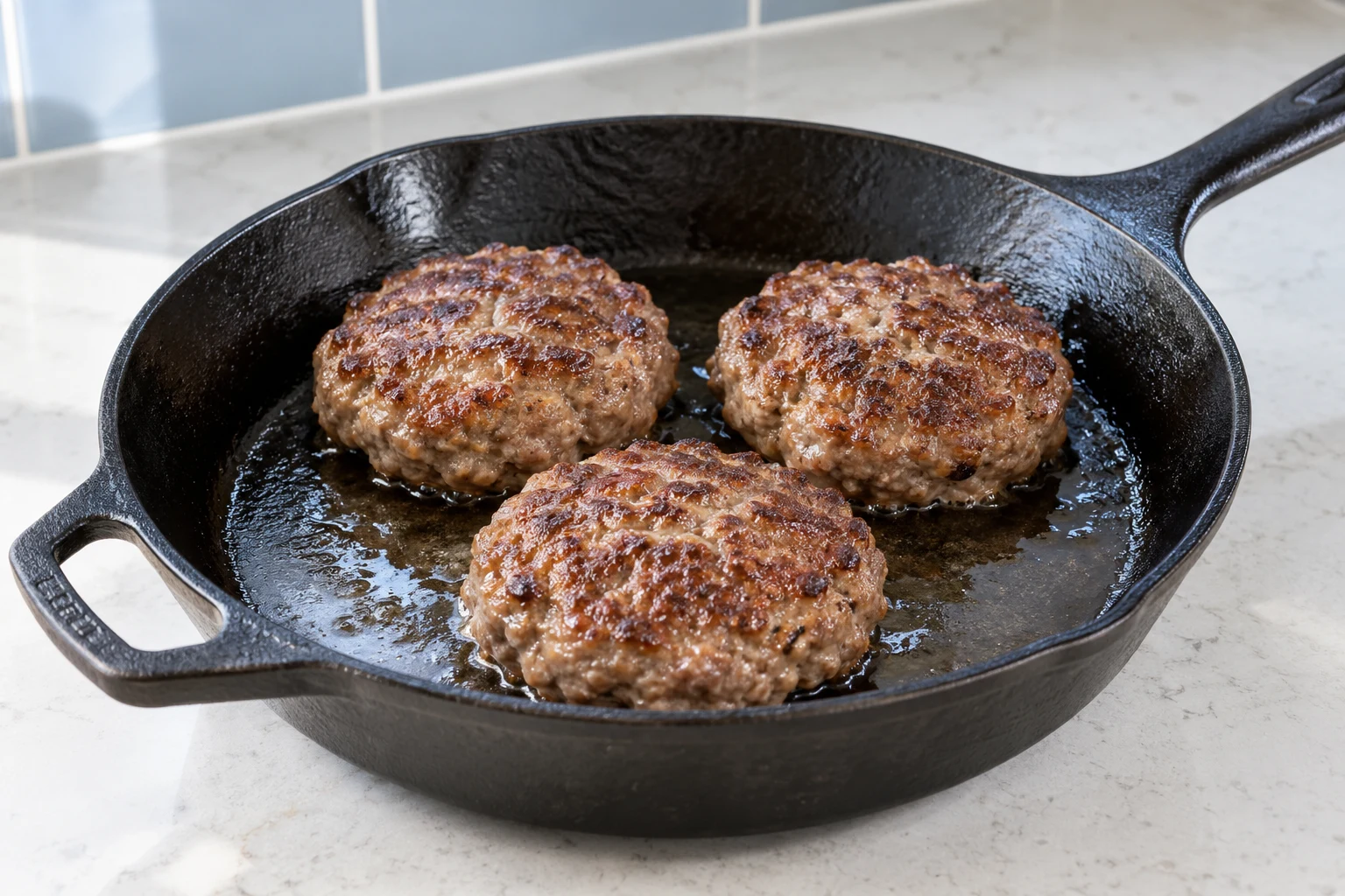 Three plain browned ground-lamb patties cooking in a shallow layer of rendered tallow.