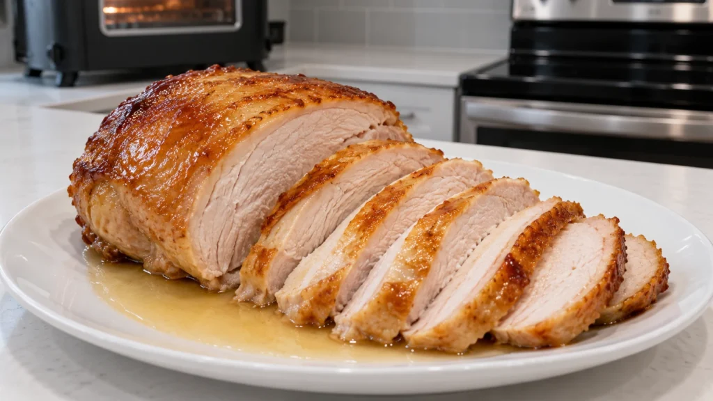 Even slices of juicy butter-basted turkey breast with clear pan juices on a white plate.