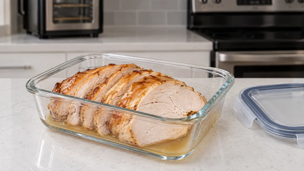 Sliced turkey breast portions in a clear glass container with a little plain pan juice.
