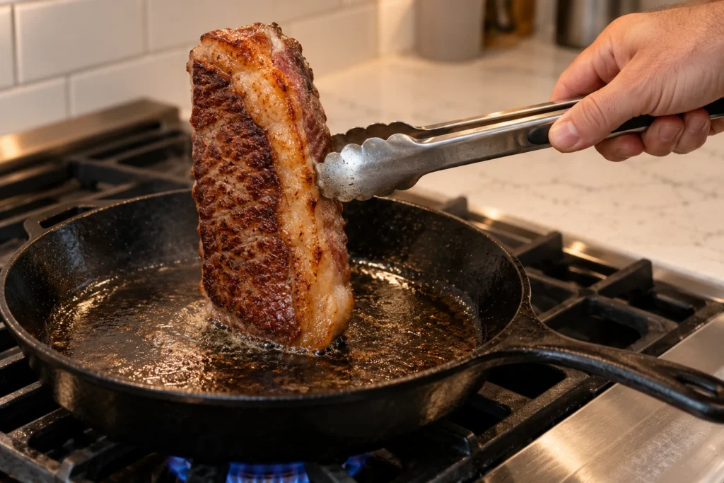 A New York strip held with tongs while its fat cap renders in a cast-iron skillet.