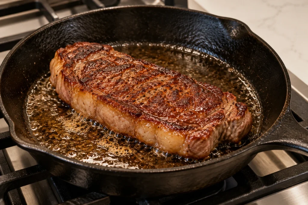 New York strip steak developing a deep brown crust in a cast-iron skillet with rendered beef fat.