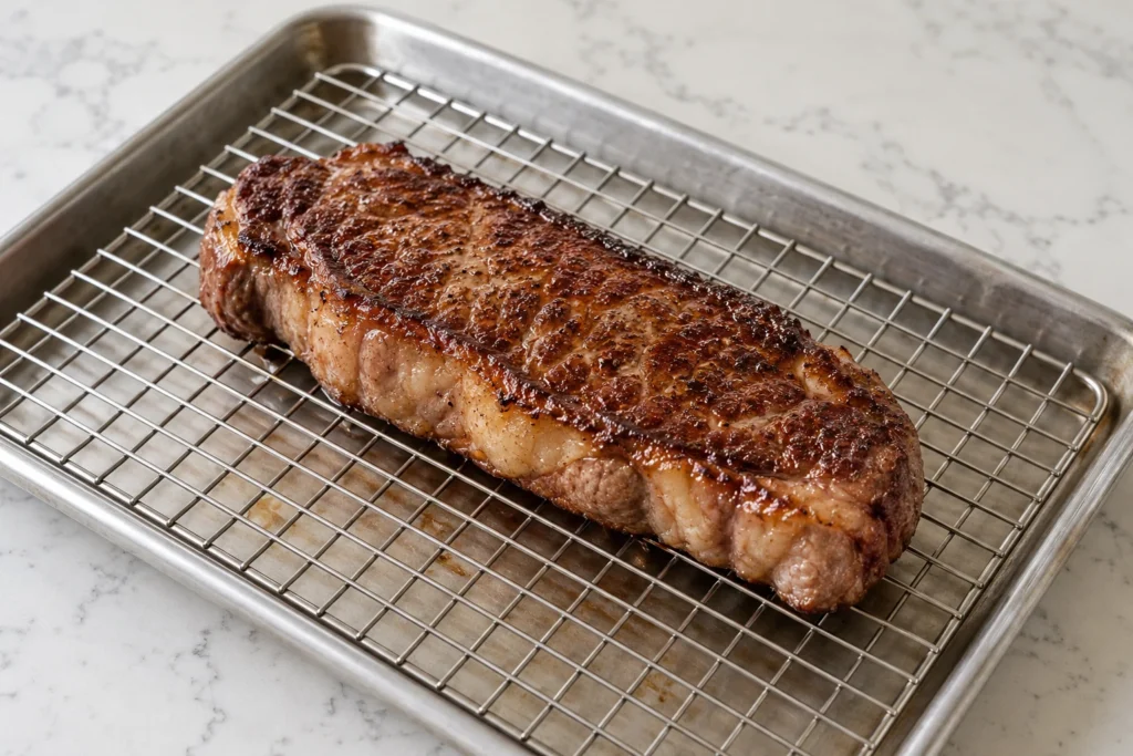 Pan-seared New York strip resting on a wire rack after cooking.