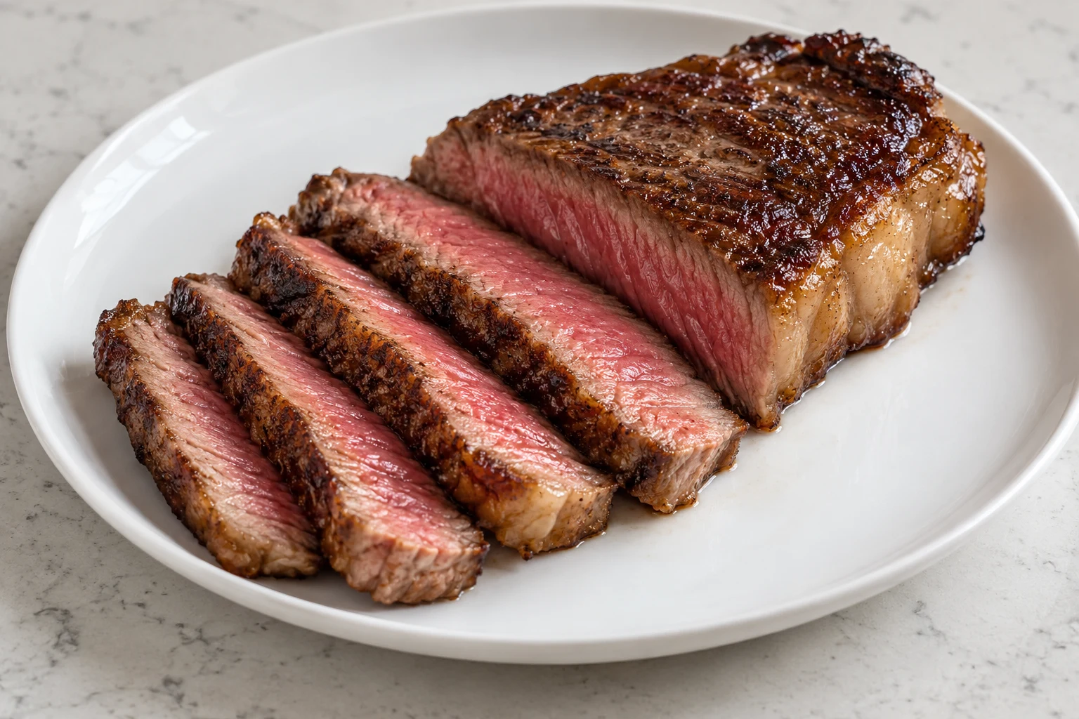 Pan-seared New York strip sliced across the grain with a browned crust and rosy medium-rare center.