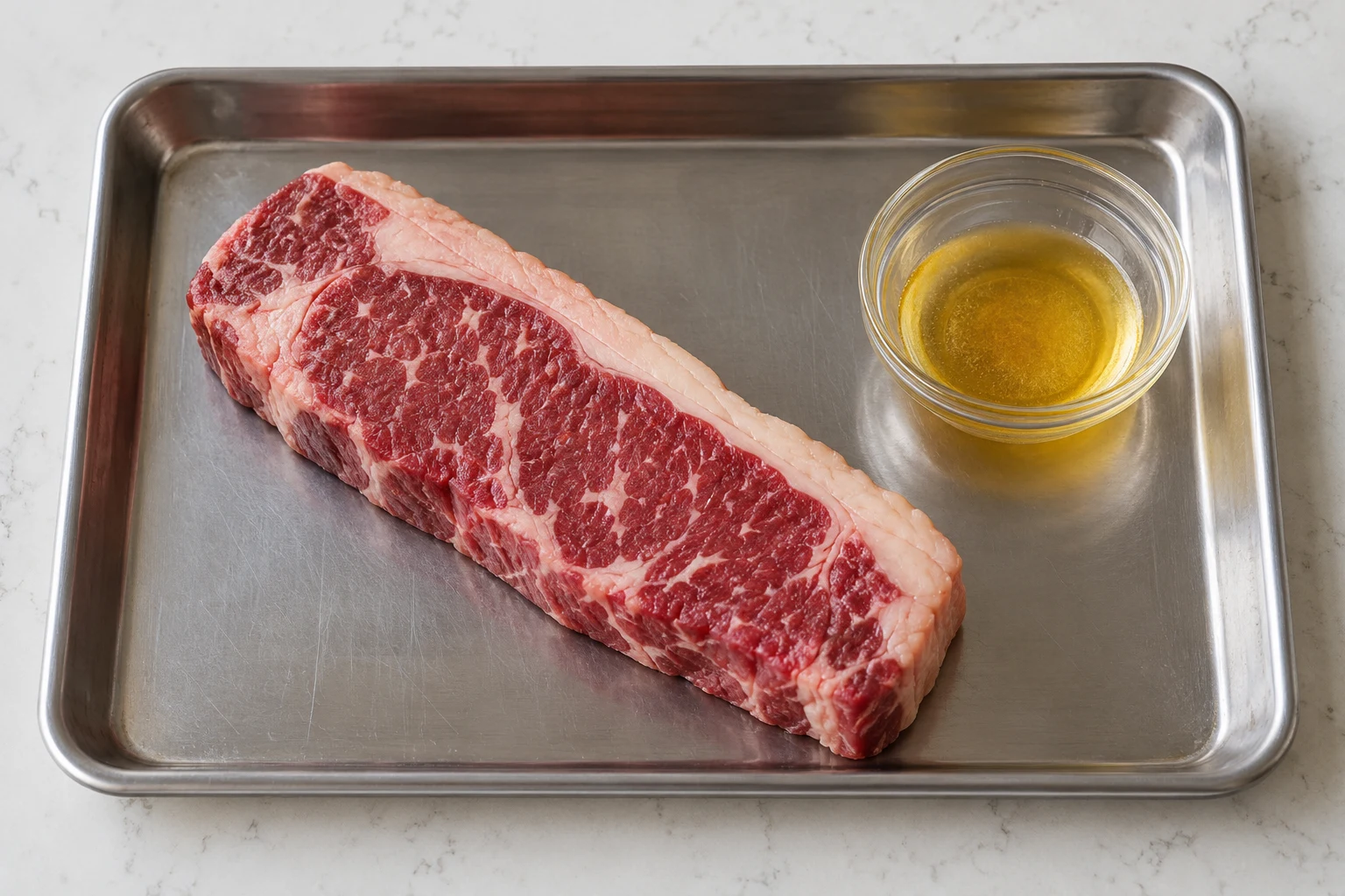 Raw New York strip steak with its fat cap beside rendered beef fat before searing.