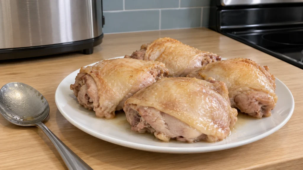 Tender cooked turkey thighs resting on a white plate with a little clear fat.