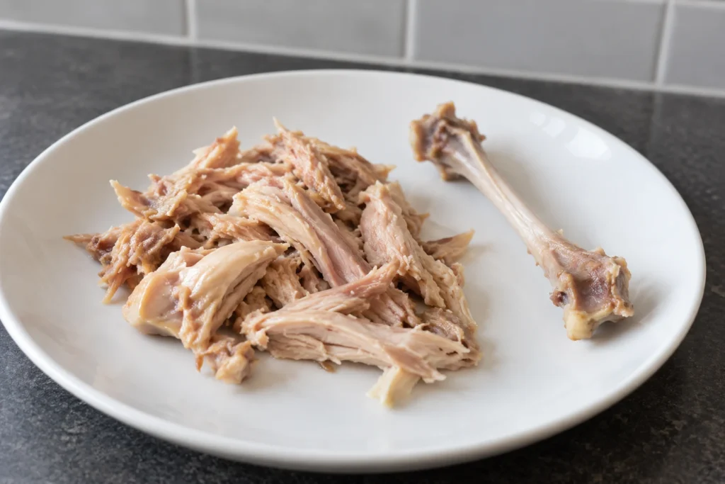 Tender pulled rabbit meat beside a clean rabbit bone on a white plate.