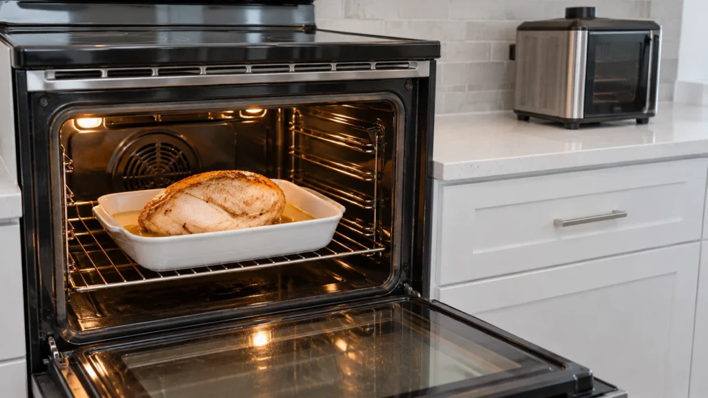 A plain turkey breast roast in a white dish on the middle rack of a standard electric oven.