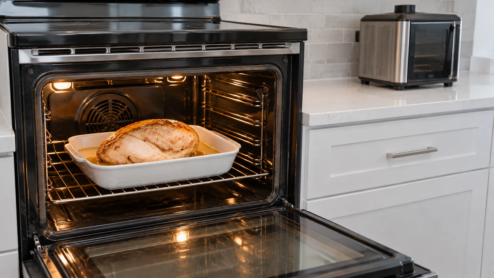 A plain turkey breast roast in a white dish on the middle rack of a standard electric oven.