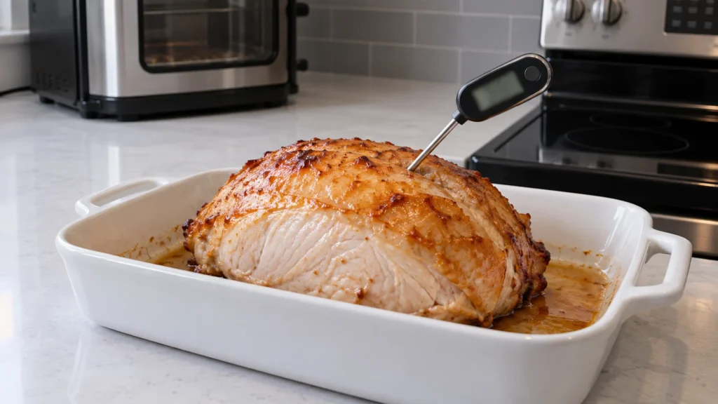 A probe thermometer inserted into a cooked turkey breast roast in a white baking dish.