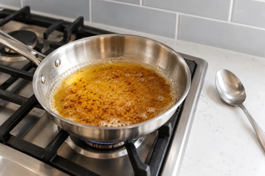 Golden brown butter with evenly browned milk solids in a stainless skillet over a low gas flame.