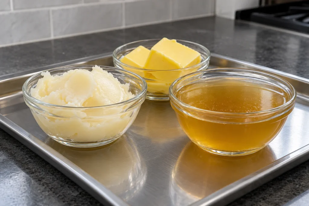 Rendered beef tallow, butter, and clear beef bone broth in plain glass bowls.