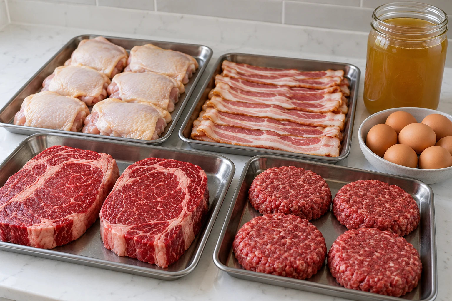 Beef steaks, ground beef patties, chicken thighs, bacon, eggs, and beef broth arranged on plain trays.