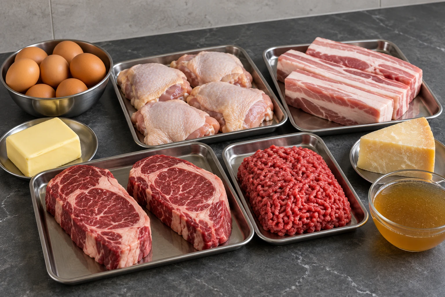 Beef steaks, ground beef, chicken thighs, pork belly, eggs, butter, hard cheese, and beef broth arranged on plain trays.