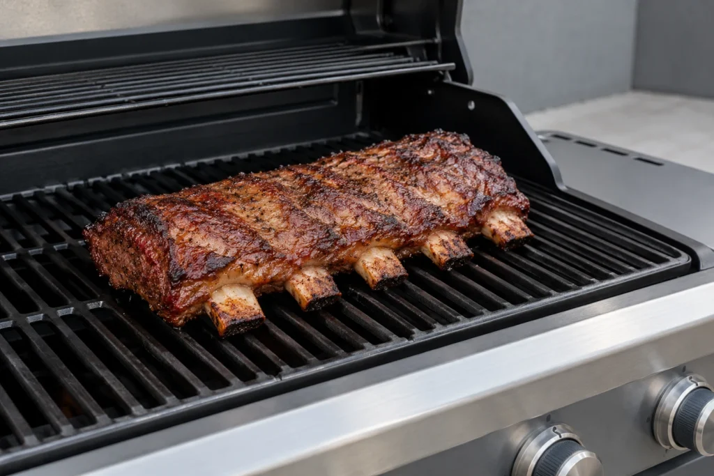Beef back ribs with a browned crust finishing bone-side down on a modern gas grill.