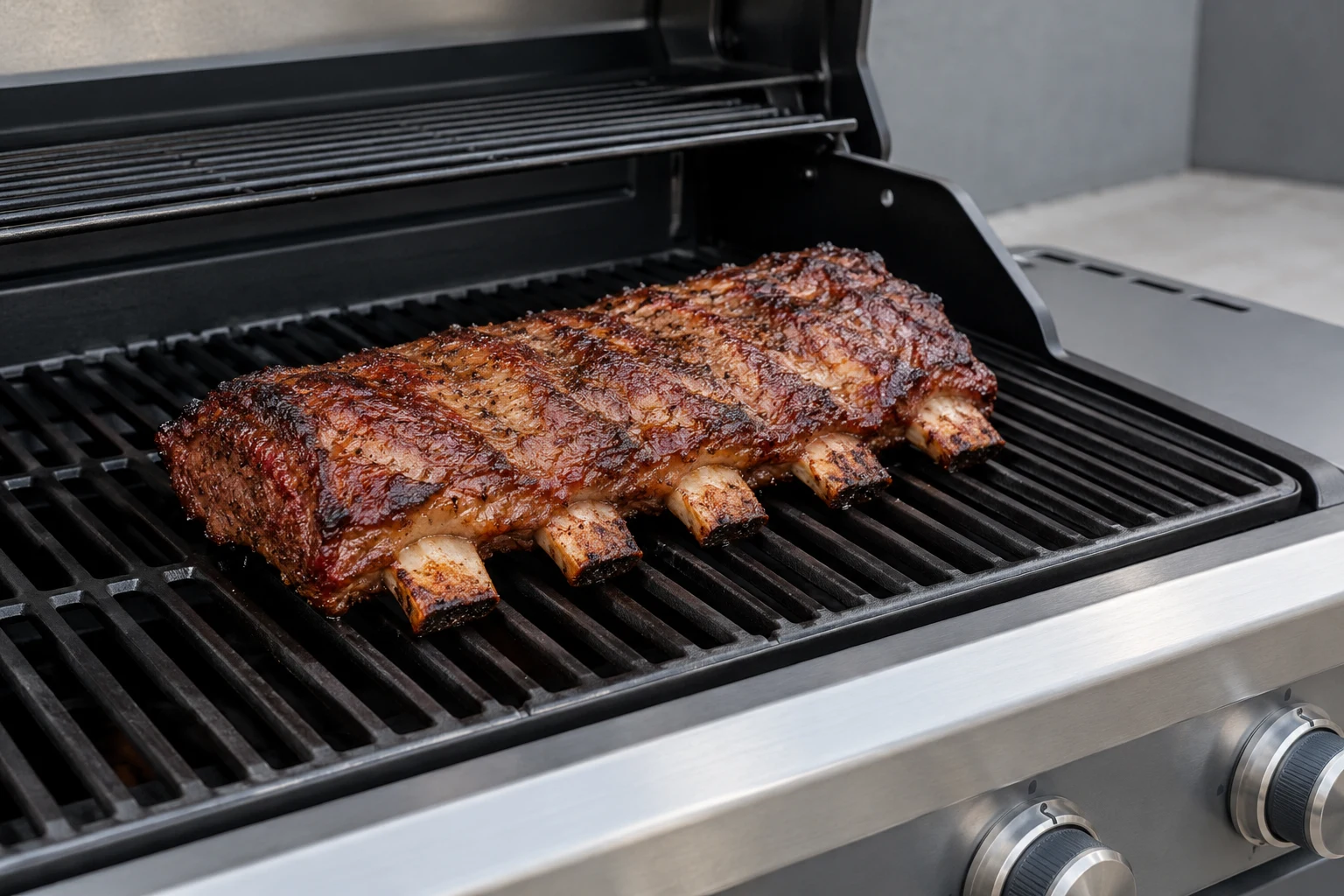 Beef back ribs with a browned crust finishing bone-side down on a modern gas grill.
