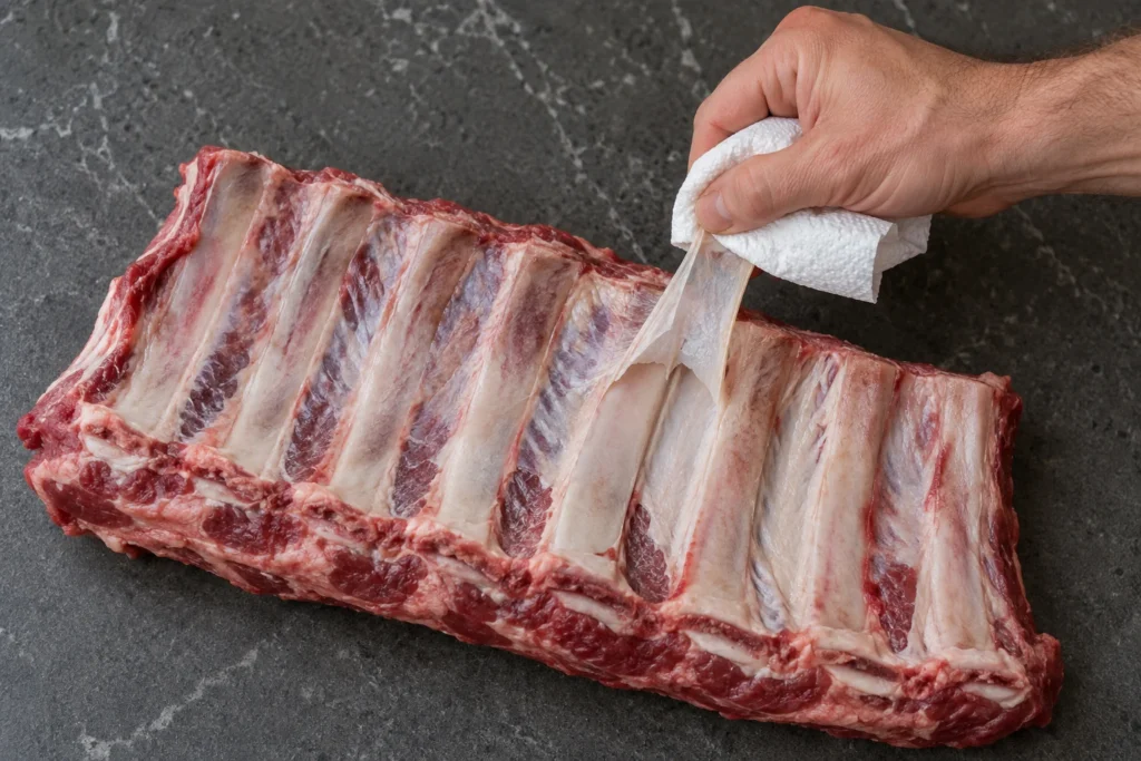 A hand using a paper towel to lift the membrane from the bone side of a beef back-rib rack.