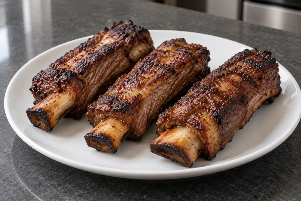 Individually cut grilled beef back ribs with browned meat arranged on a plain white plate.