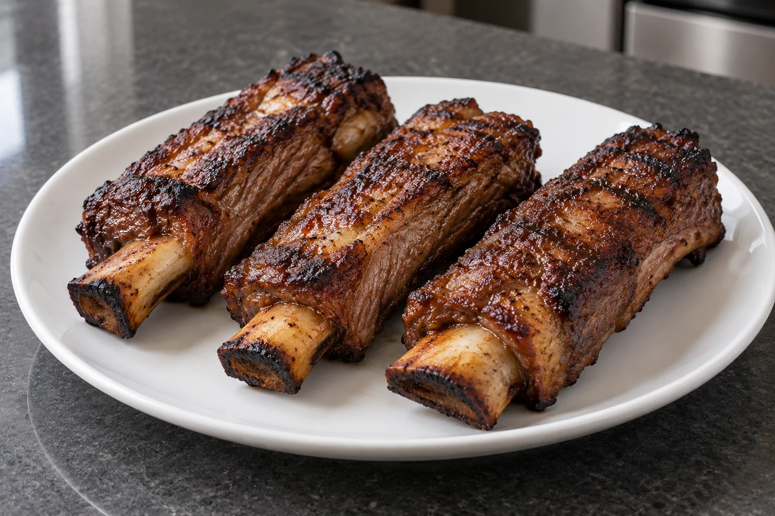 Individually cut grilled beef back ribs with browned meat arranged on a plain white plate.